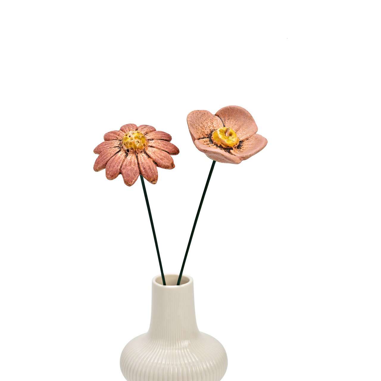 Stecker Blume aus Steingut pink/rosa 2-fach, (B/H/T) 5x30x5cm Blume 5x2x5cm Stecker aus Metall 30cm x 2mm