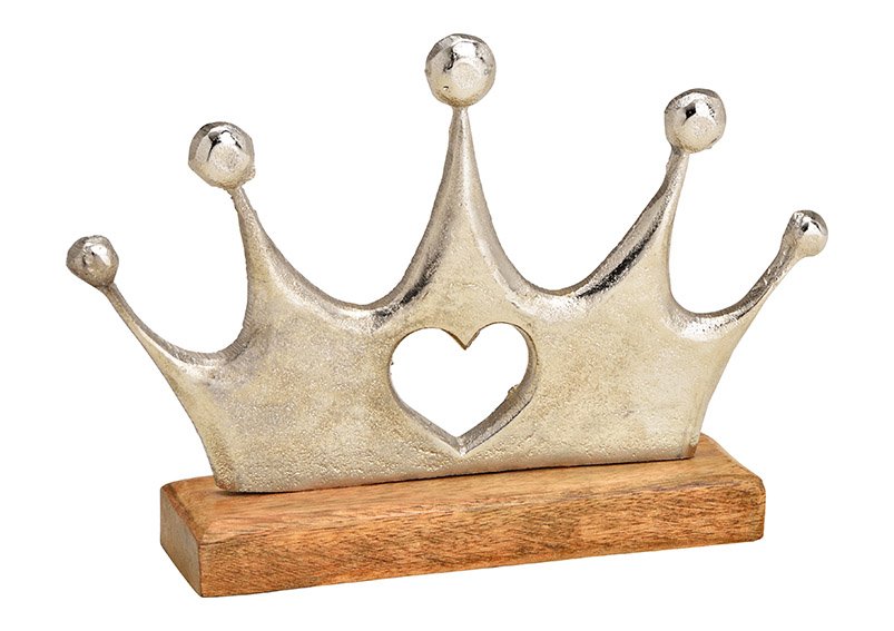 Crown on mango wood base of metal silver (W/H/D) 23x16x5cm