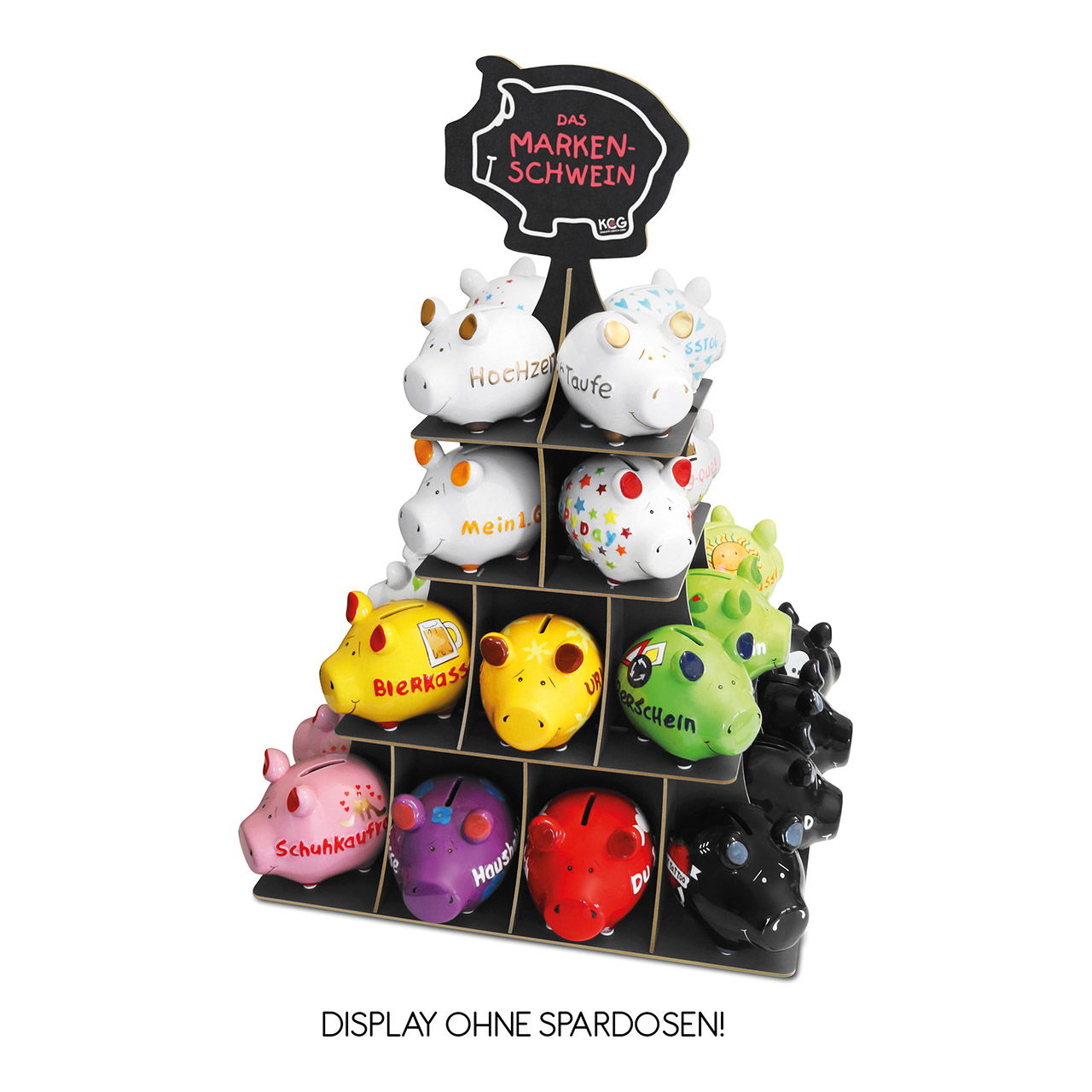 Sparschwein Company Best of Pyramidendisplay Kleinschwein-Einsatz mit Header für 28 Kleinschweine aus Holz, Schwarz Sparschwein Company Best of Pyramidendisplay Kleinschwein-Einsatz mit Header für 28 Kleinschweine aus Holz, Schwarz
