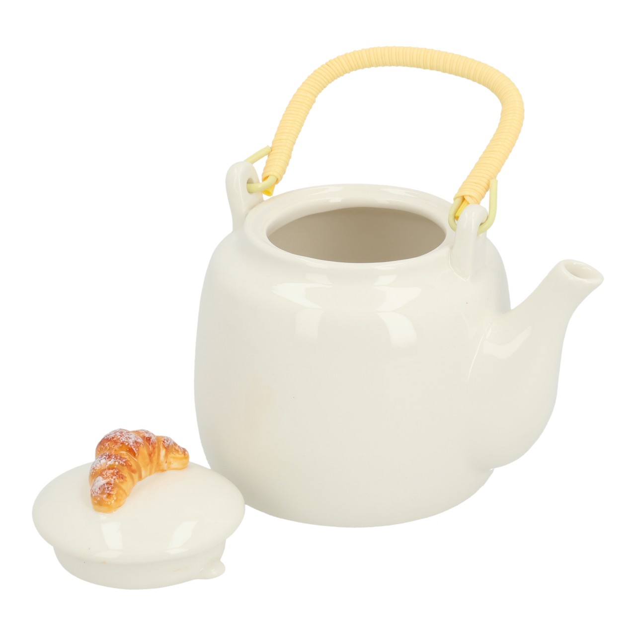 Kleine Teekanne, Weißer Kannenstil, Kuchen-/Croissant-Deckel, Korbgriff, Kunststoffteekanne