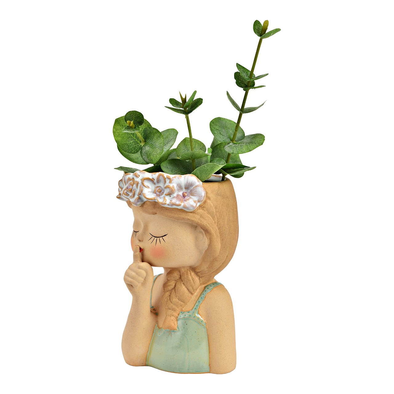 Bloempot bloemenmeisje van steengoed groen/beige (B/H/D) 9x15x9cm