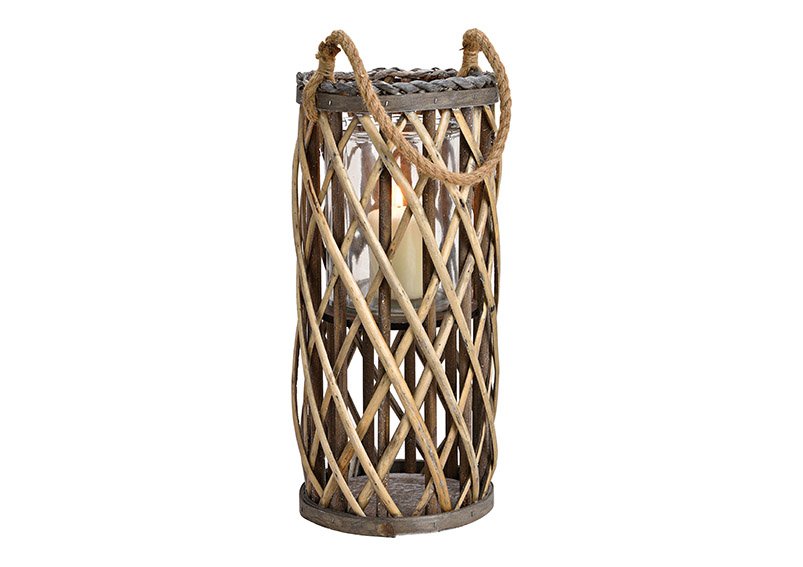 Lantern wood, glass, brown 18x40x18cm