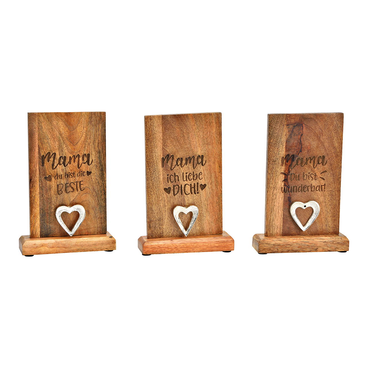 Stand-up heart decor, with saying, Mama... made of natural mango wood 3-fold, (W/H/D) 15x23x5cm