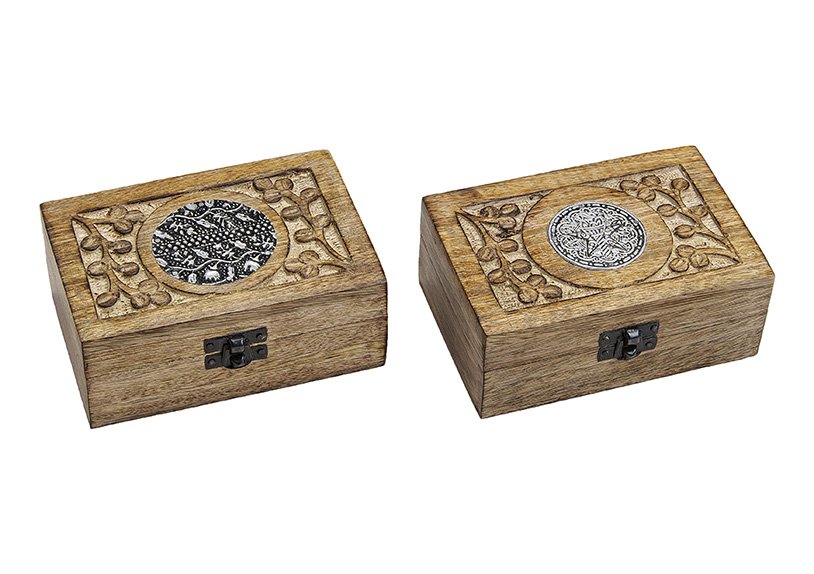 Boîte à bijoux Inde en bois 2 compartiments, (L/H/P) 15x6x10cm