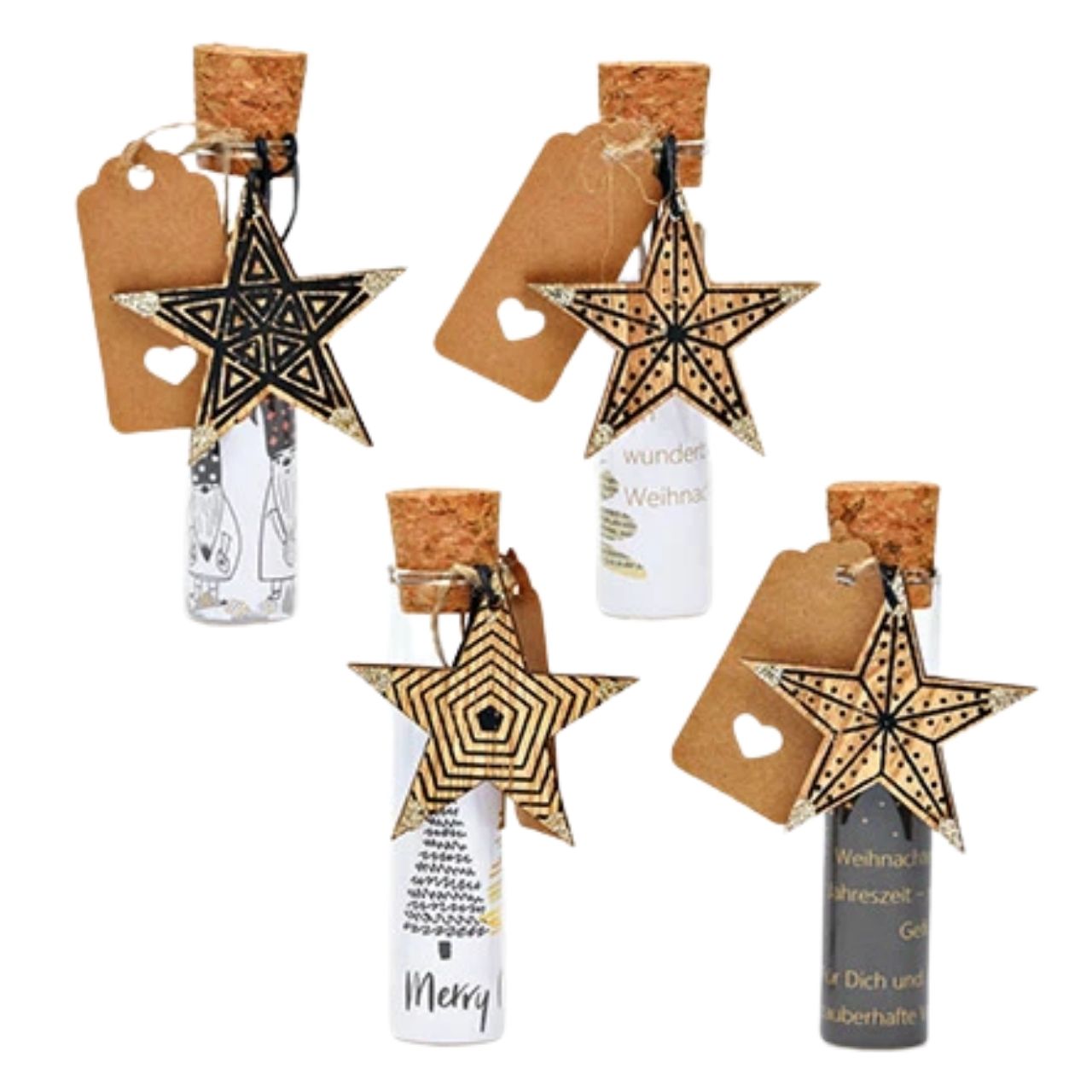 Verre à cadeau en bois avec étoile, en verre transparent (L/H/P) 2x12x2cm Weihnachtsartikel, Stickeranhänger, Korkenverschluss, Sterneanhänger, Stempelaufdruck
