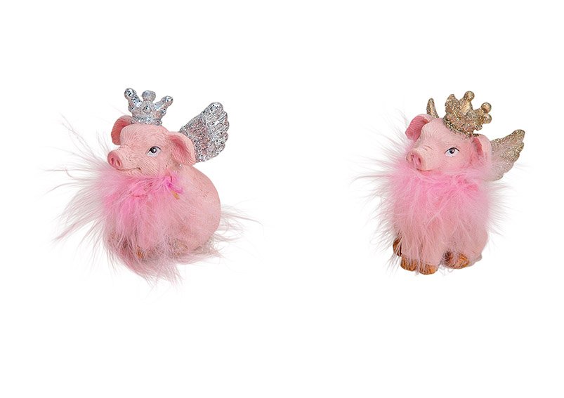 Cochon avec couronne, ailes et plumes en poly rose/rose 2 fois, (L/H/P) 3x5x3cm