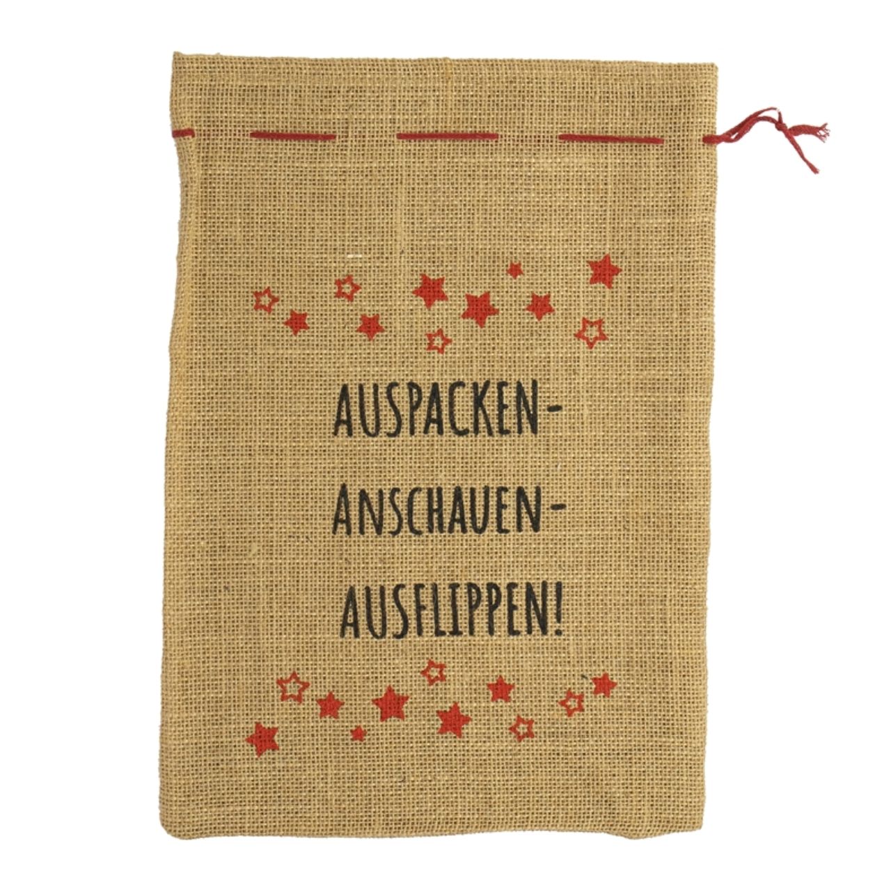 RW_12337_Sacco di iuta: disimballare-guardare-impazzire, iuta, 25x35 cm Jutebeutel, Sack, Beutel, Stoffbeutel, Spruchtext