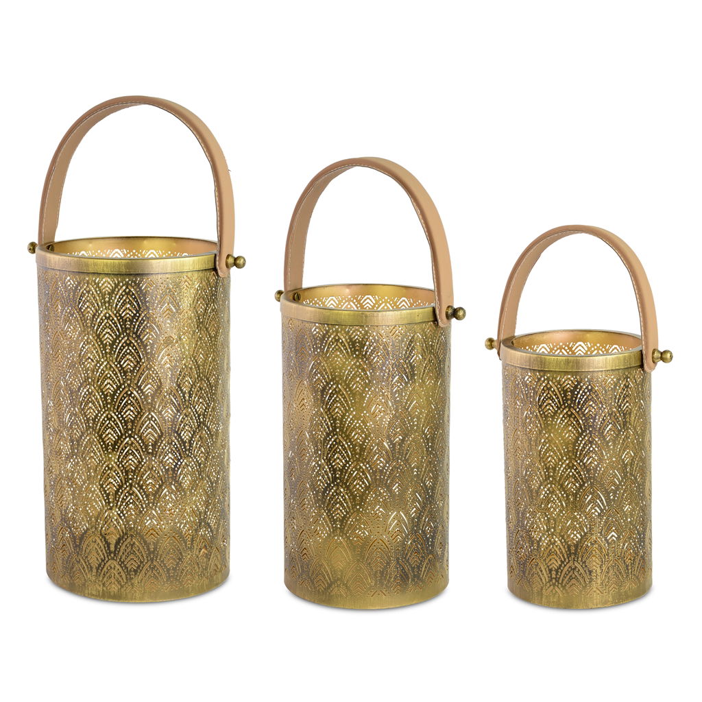 Juego de farolillos, metal, 20x20x36 / 18x18x30 / 15x15x26, 3 piezas / juego, bronce, EAN 20x20x36cm: 4065557001777 / EAN 18x18x30cm: 4065557001784 / EAN 15x15x26cm: 4065557001791 Bronze