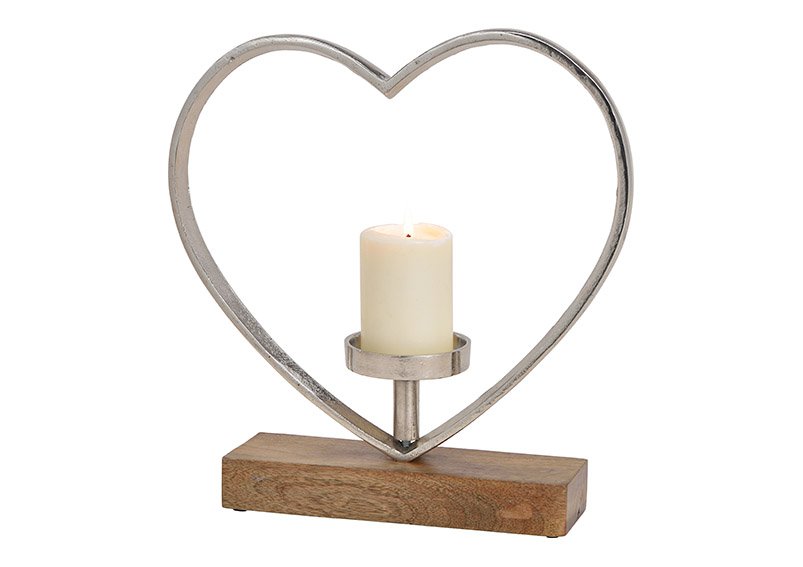 Cuore di candela in alluminio su base di legno di mango argento (L/H/D) 34x35x8cm