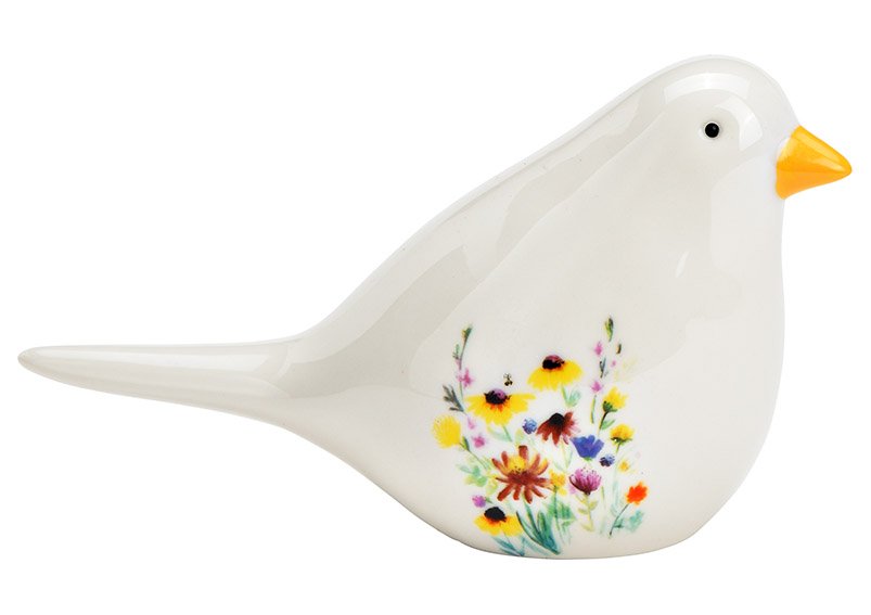 Oiseau décor floral en porcelaine blanche (L/H/P) 18x10x7cm
