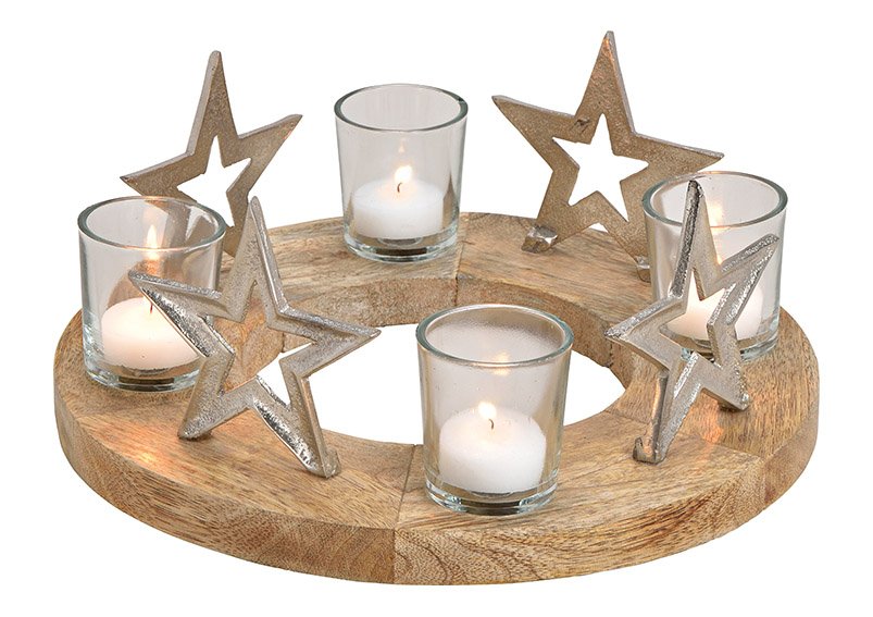 Advents candle holder, star decor, metal, glass, mango wood, silver 30x12x30cm