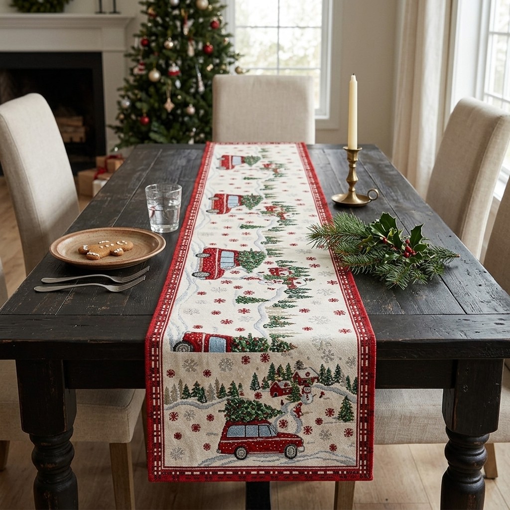 Camino de mesa Adorno de coche de Navidad de tela, beige/rojo (Ancho/Alto) 183x33cm Weihnachtsband, Dekorband, Auto Muster, Winter Muster, Winterband