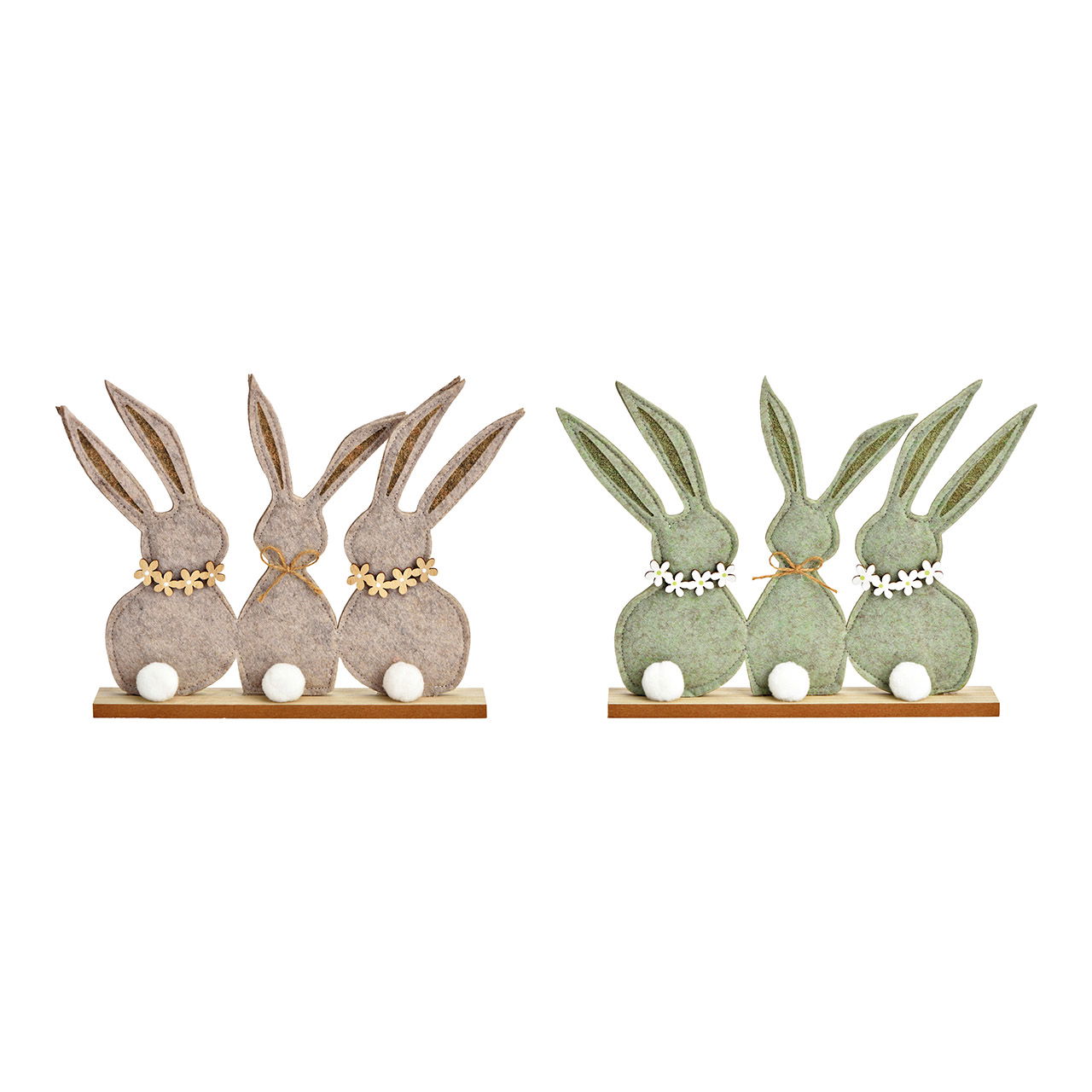 Présentoir groupe de lapins sur socle en bois feutre vert, beige 2 fois, (L/H/P) 28x21x4cm