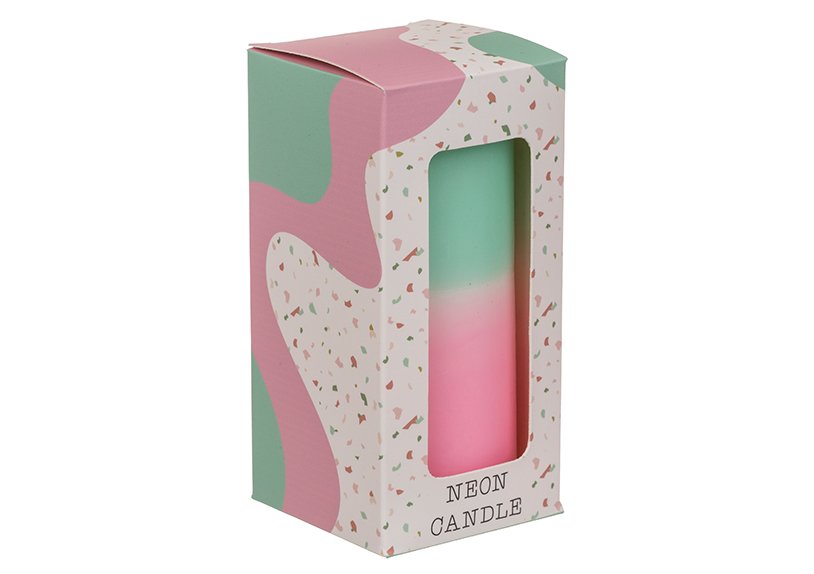Pillar candle with gradient, pink/mint in gift box (W/H/D) 6x12x6cm