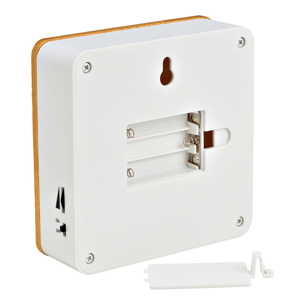 Soundbox birdsong made of plastic matt white with bamboo front brown (W/H/D) 12x12x4cm Battery operation 3xAAA not included Soundbox birdsong made of plastic matt white with bamboo front brown (W/H/D) 12x12x4cm Battery operation 3xAAA not included