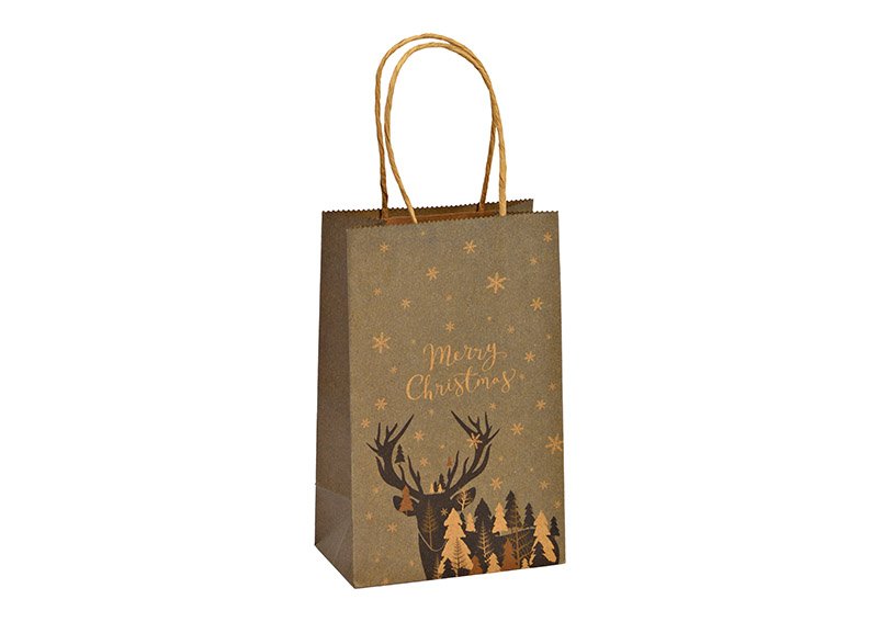 Sacchetto regalo, cervo, Buon Natale, in carta/cartone marrone (L/H/D) 13x21x8cm