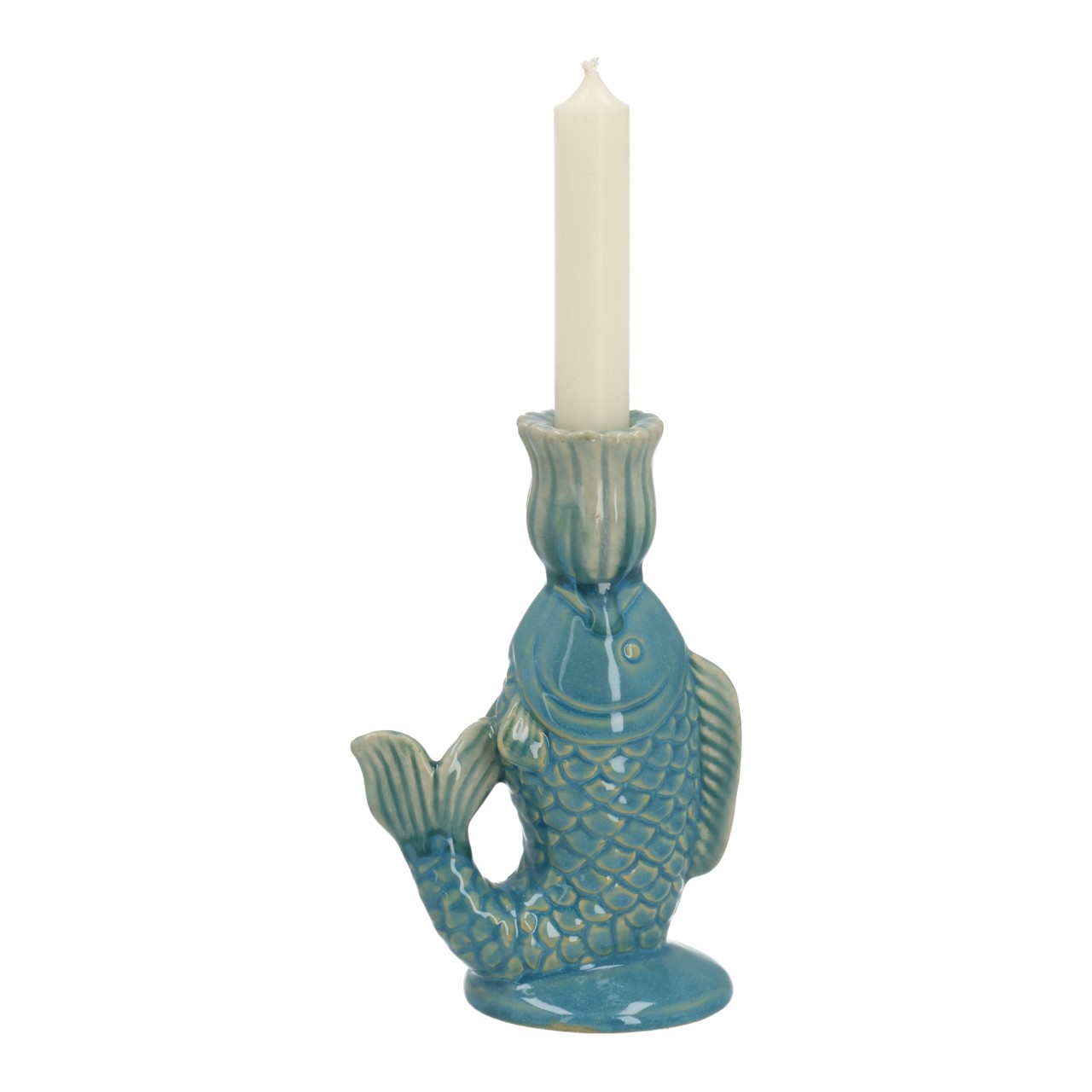 figural candlestick, mermaid shape, teal color, glazed ceramic, fish scale pattern