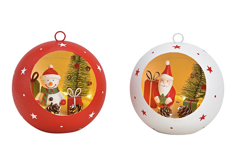 Weihnachtshänger Kugel, Nikolaus, Schneemann Dekor, mit Licht aus Metall Rot, weiß 2-fach, (B/H/T) 14x15x14cm