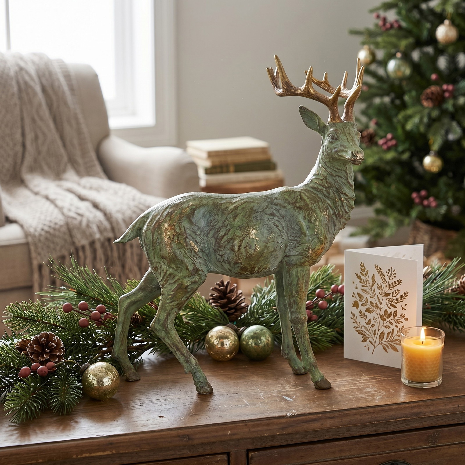 Cerf en poly vert (L/H/P) 35x43x19cm Elch Statue, Hirschfigurine, Bronze-Grün, Antik-Lack, Garten-Deko