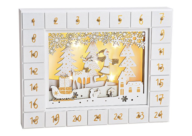 Calendario de Adviento Papá Noel bosque de invierno, con 5 luces LED de madera Blanco, (A/H/D) 35x27x6cm