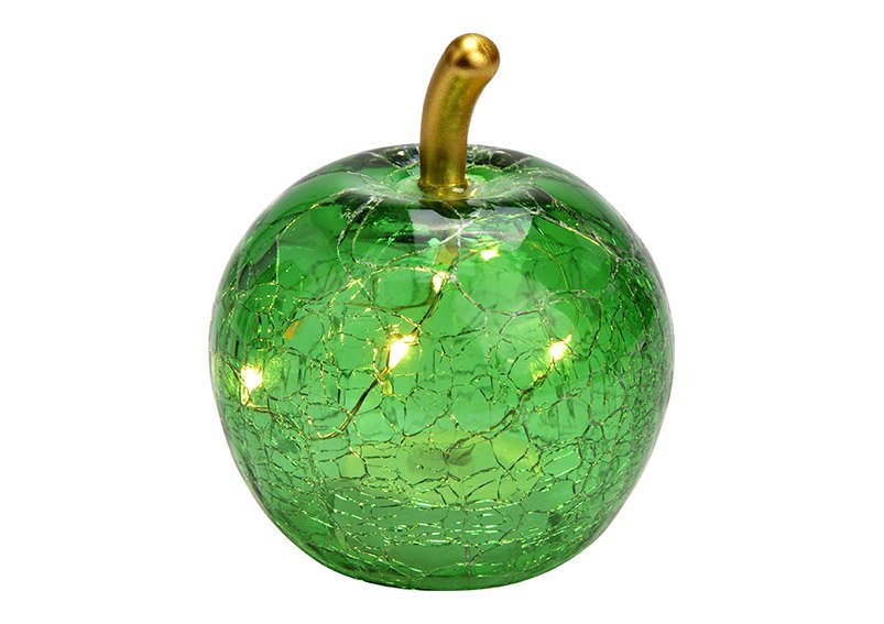Apple with 5 LED made of glass dark green (W/H/D) 7x9x7cm with timer, battery operation CR2032 not included