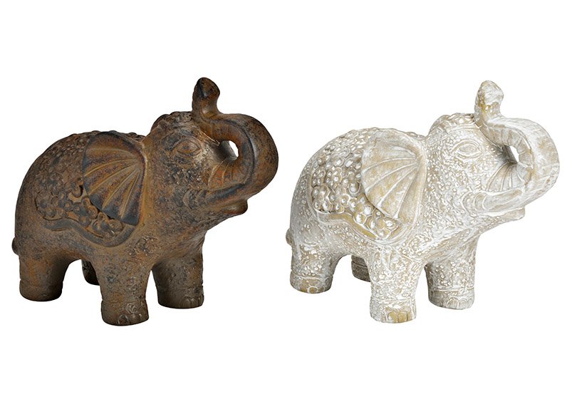 Elefante in ceramica marrone, bianco 2 pieghe, (L/H/D) 19x15x9cm