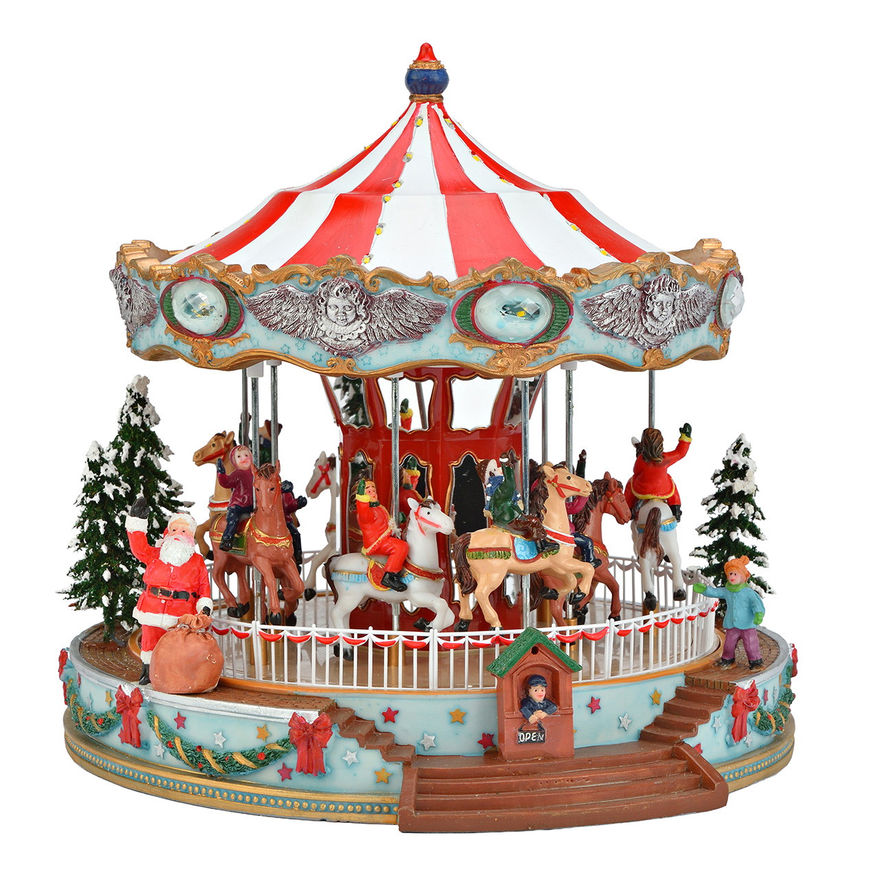 Weihnachtskarussell mit Pferden aus Poly Weihnachtskarussell, Pferdekarussell, Dekorationsfigur, rot-weiß gestreift, Wintermotiv