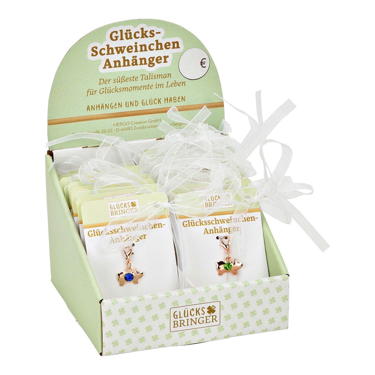 Glücksbringer Schweinchen Charm mit Krsitall 24 Stk. auf Karte im Display Glücksbringer Schweinchen Charm mit Krsitall 24 Stk. auf Karte im Display