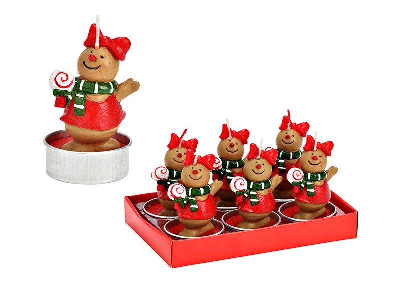 Set di tealight figura di pan di zenzero con lecca-lecca 4x7x4cm Set di 6, in cera rossa (L/H/D) 14x8x9cm
