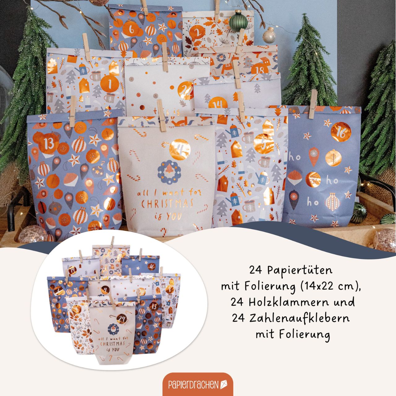 Sacchetti per il calendario dell'Avvento – Hyggewald in carta/cartoncino colorato, set da 24 pezzi (L/A/P) 19x22x2 cm Papiertüten, Weihnachtsdesign, Adventstüten, Holzclips, Klebeband