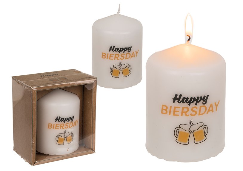 Stumpenkerze, Happy Biersday in Kraftpapierverpackung Weiß (B/H/T) 6x8x6cm