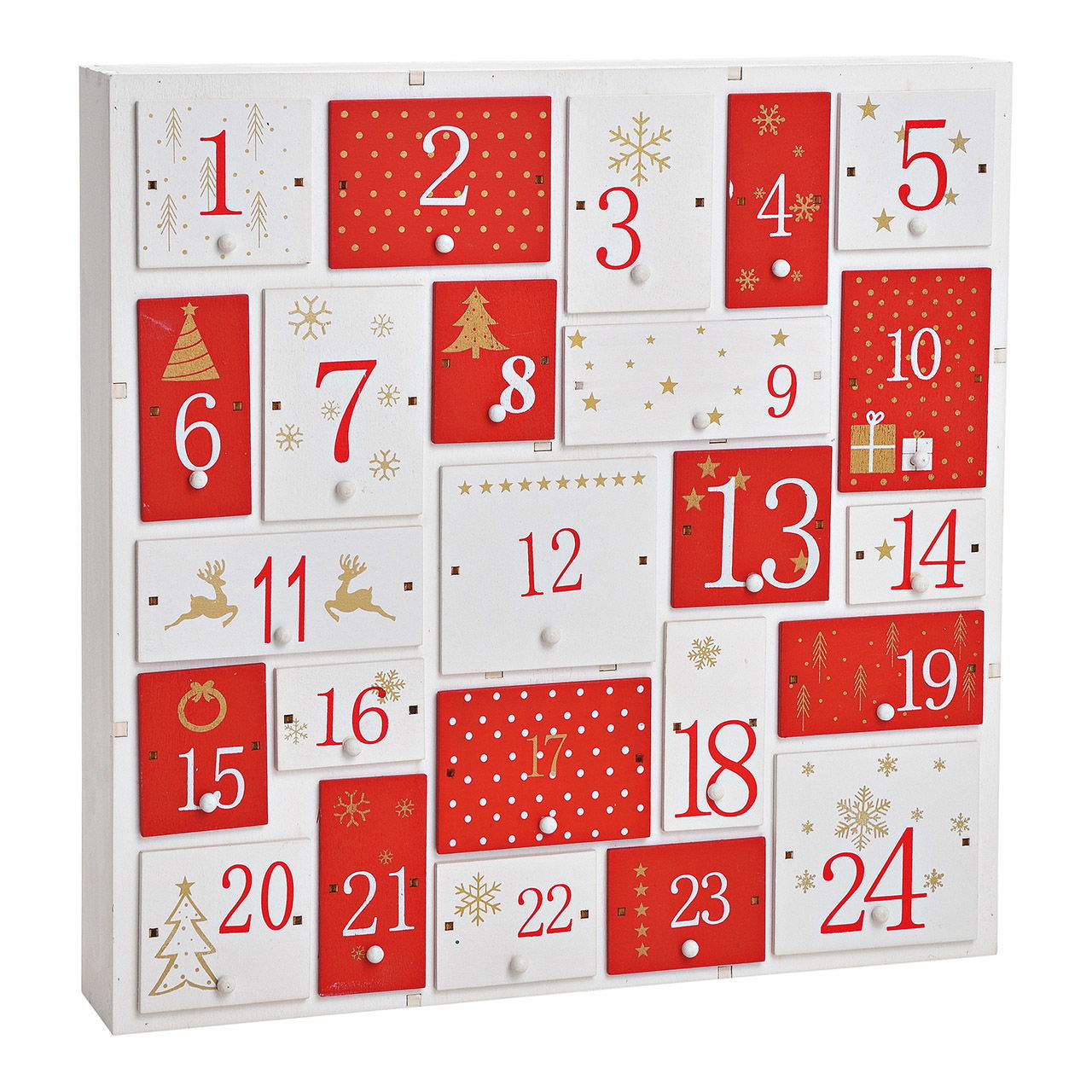 Calendrier de l'Avent en bois Rouge, blanc (L/H/P) 32x32x5cm