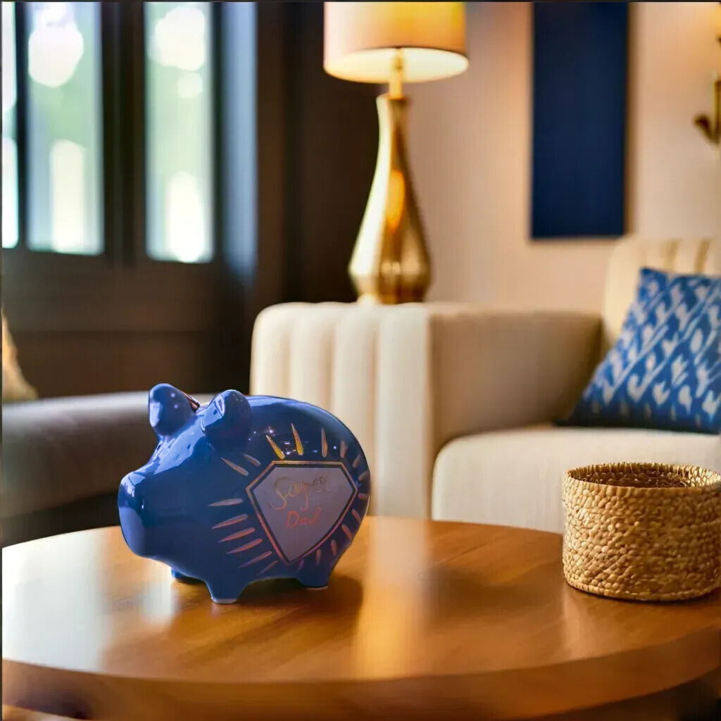 KCG Sparschwein "Super Dad" aus Keramik, Blau/Gold (B/H/T) 12,5x9x9cm Kleinschwein