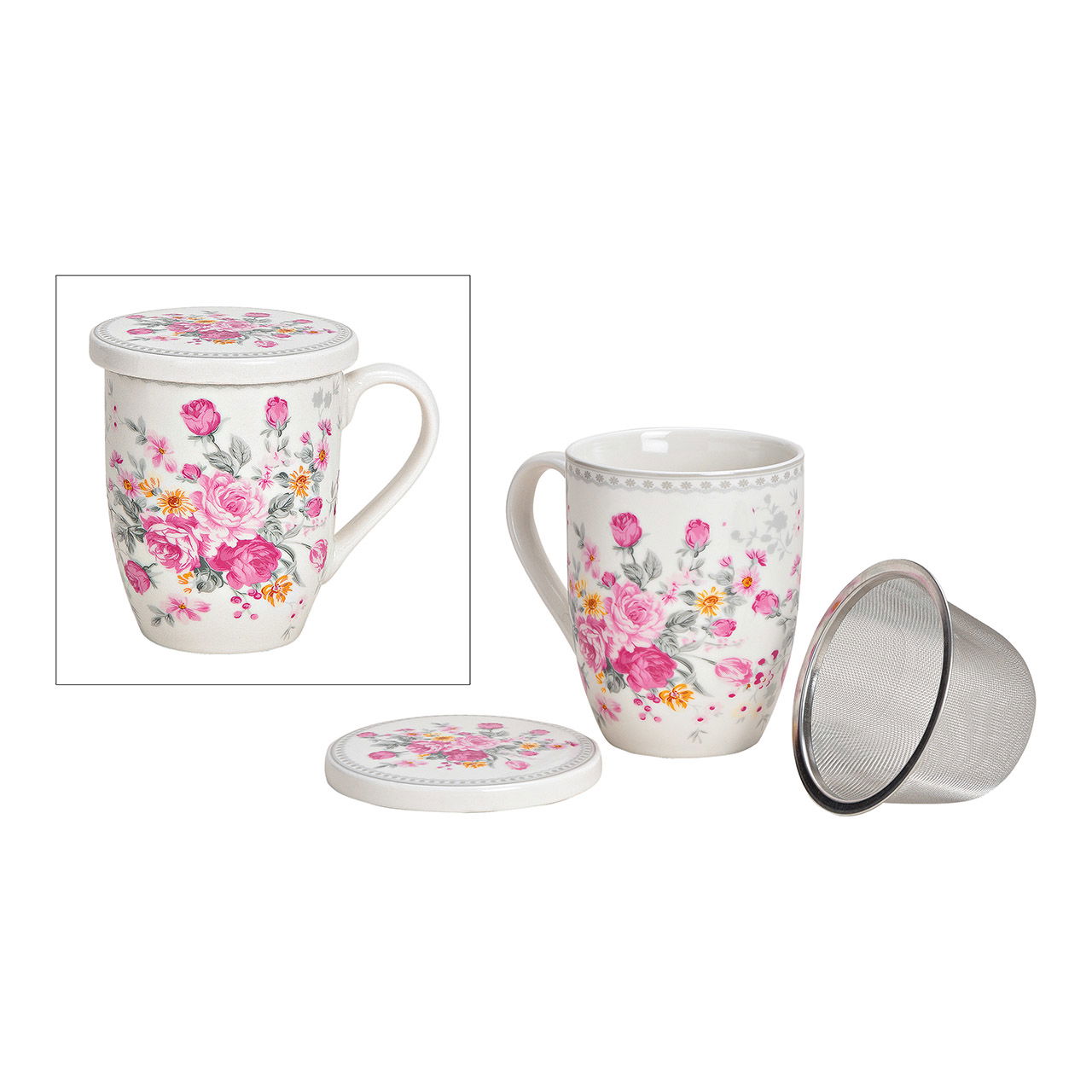 Tasse décorée de roses avec couvercle et passoire métallique en porcelaine rose/rose (L/H/P) 12x12x9cm 300ml