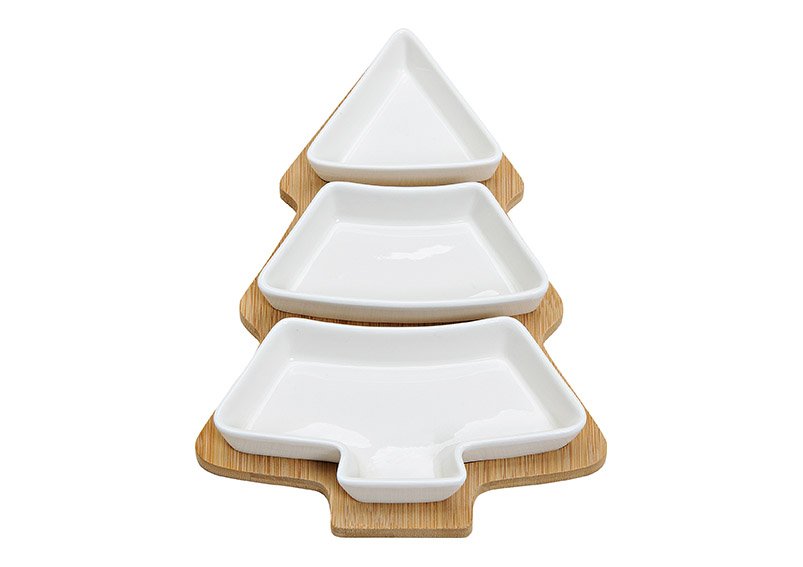 Set antipasto abete 3 ciotole porcellana, bambù bianco set di 4, (L/H/D) 27x4x19cm