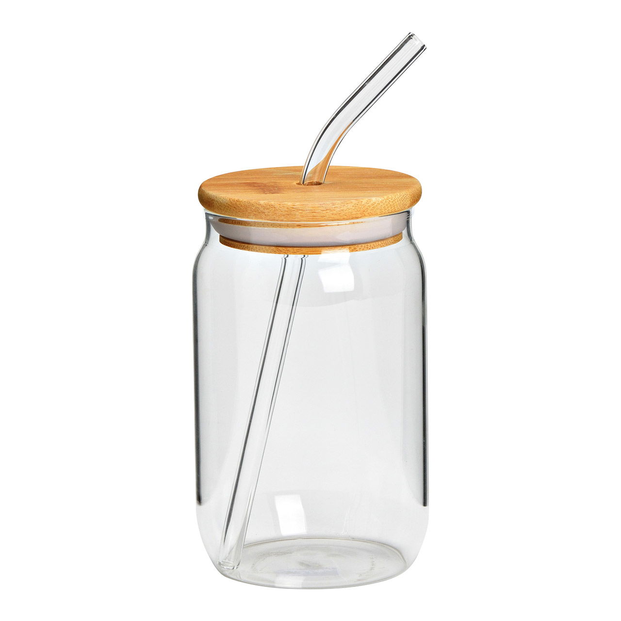 Drinkglas met bamboe deksel en glazen rietje transparant (B/H/D) 7x12x7cm, 350ml