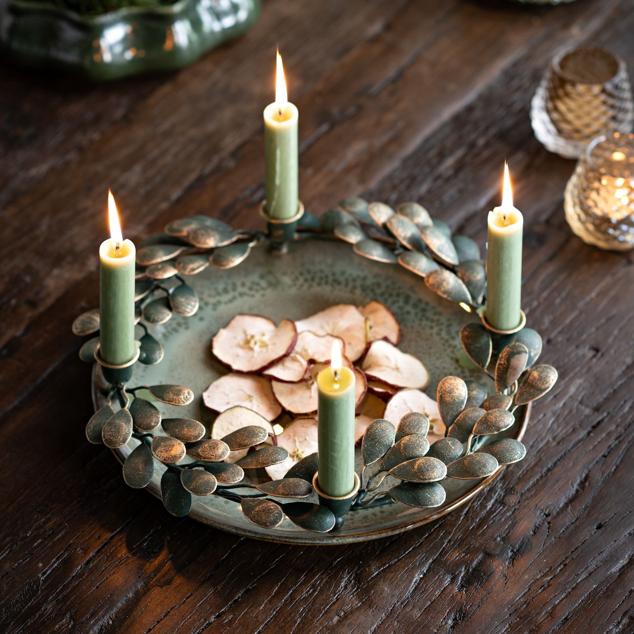 Adventskranz, Kerzenhalter aus Metall, Grün (B/H/T) 28x4x28cm | 10044210