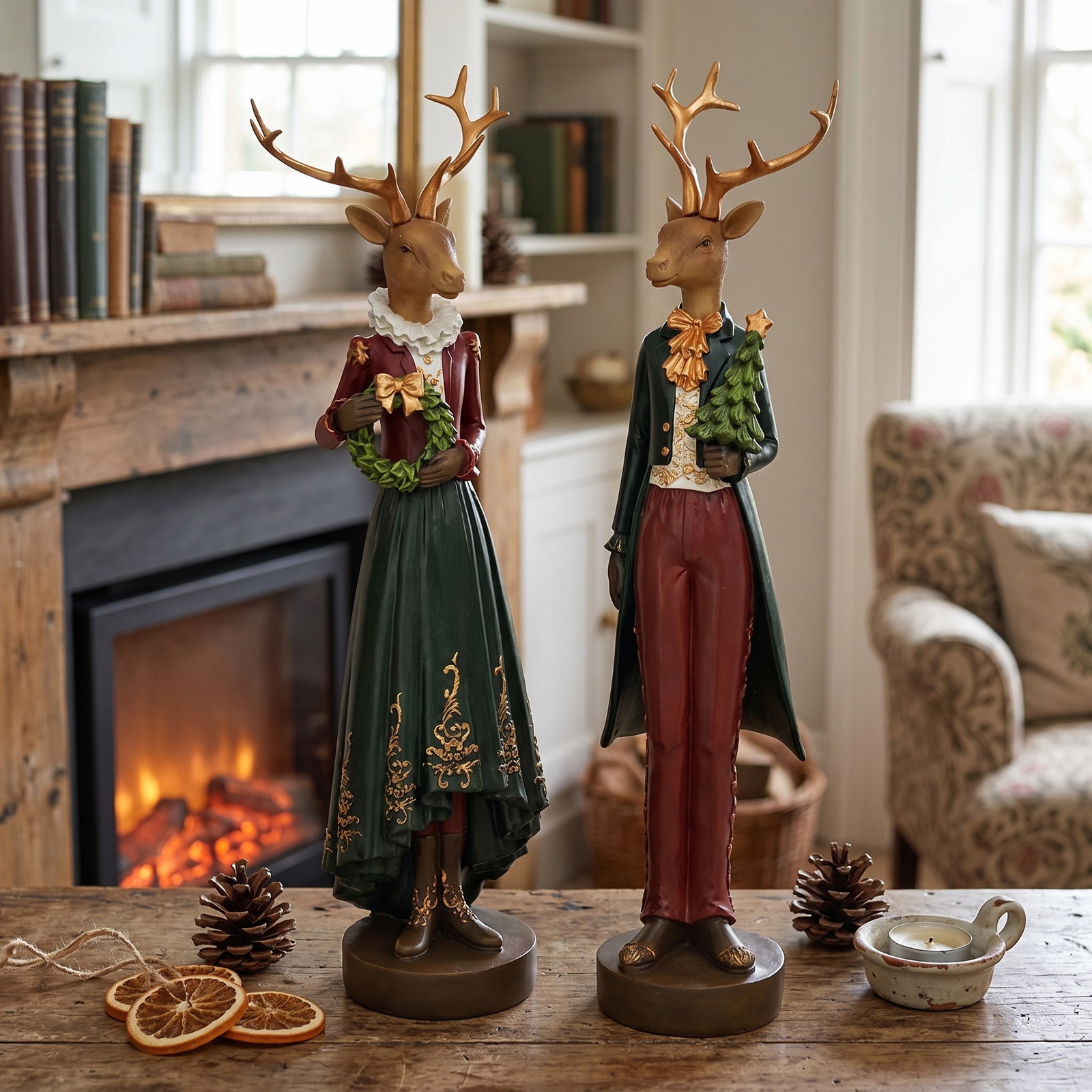 Deko-Figur, Rentier, Weihnachtsfigur, Hochzeitskostüm, Grüne Robe
