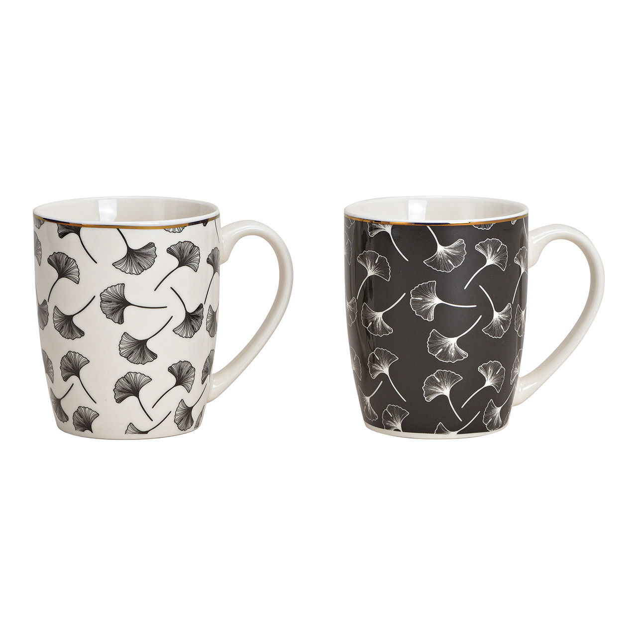 Becher Ginkgo Blatt Dekor aus Porzellan Schwarz, weiß mit gold 2-fach, (B/H/T) 12x10x8cm 300ml Becher Ginkgo Blatt Dekor aus Porzellan Schwarz, weiß mit gold 2-fach, (B/H/T) 12x10x8cm 300ml
