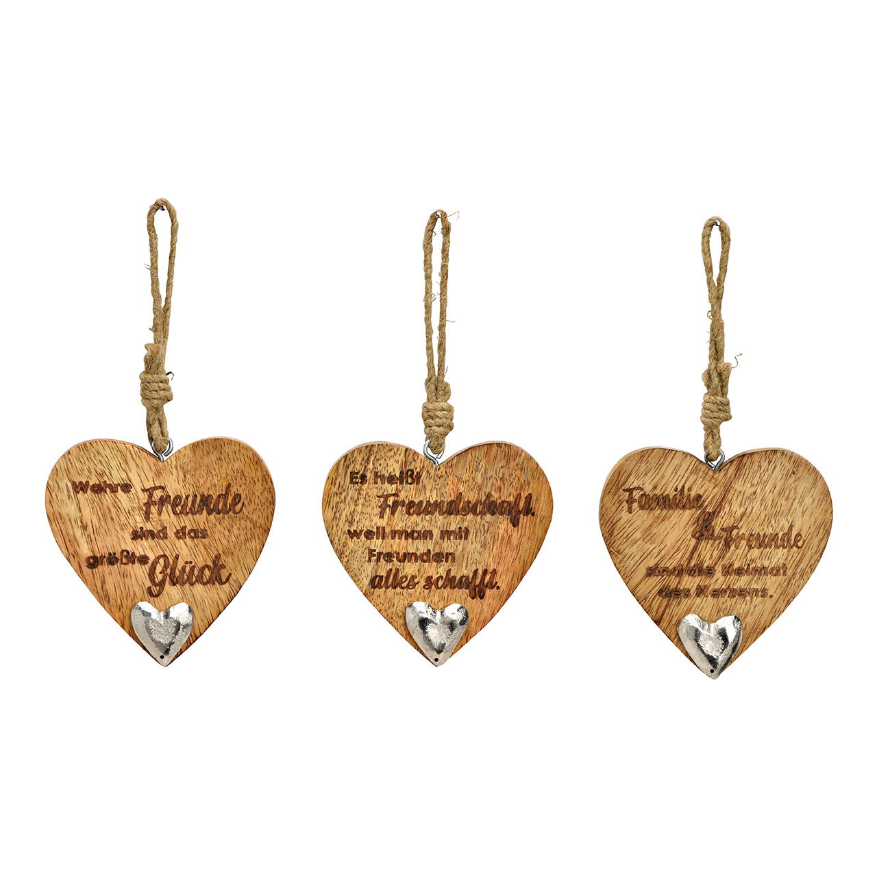 Hanger heart with metal heart decor, lettering, made of mango wood 3-fold, (W/H/D) 10x10x2cm Hanger heart with metal heart decor, lettering, made of mango wood 3-fold, (W/H/D) 10x10x2cm