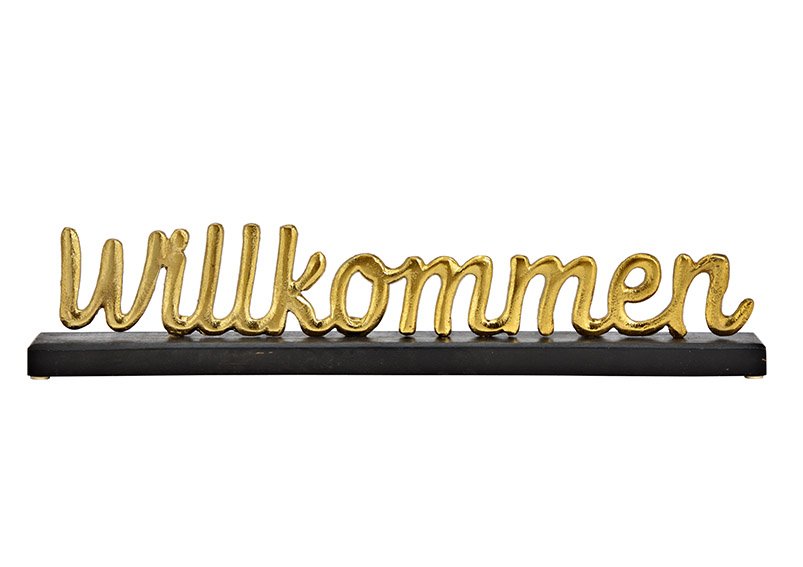Aufsteller Schriftzug, Willkommen, auf Mangoholz Sockel, aus Metall Gold, schwarz (B/H/T) 50x10x5cm