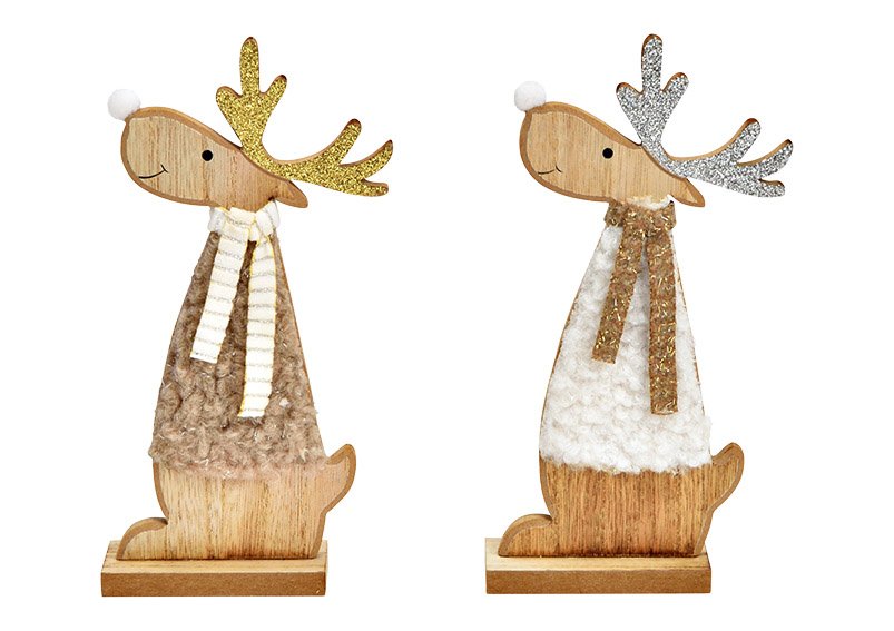 elk made of wood, textile white, brown 2-fold, (W/H/D) 9x20x4cm