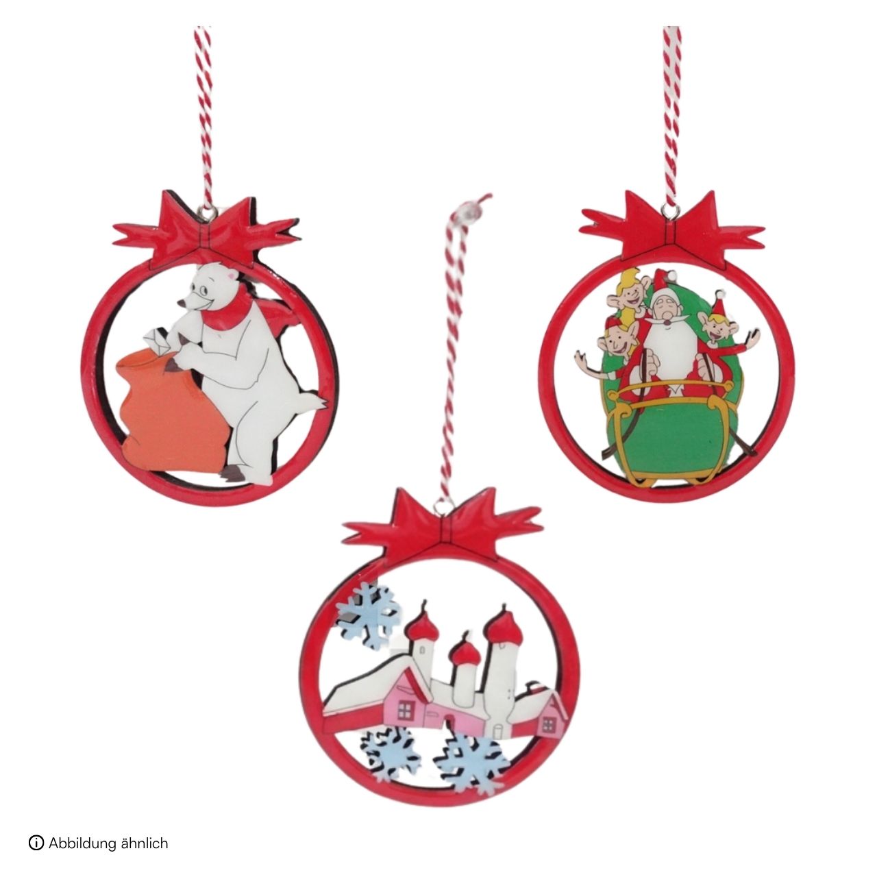WUCK_Hänger aus Holz Bunt 3-fach sortiert (B/H/T) 8x10x0.5cm Weihnachtsornament, Runder Anhänger, Schmuckanhänger, Wintermotiv, Kugelanhänger, Weihnachtsbaumkugel, Ornament, Rot, Schnittbild, Wintermotif