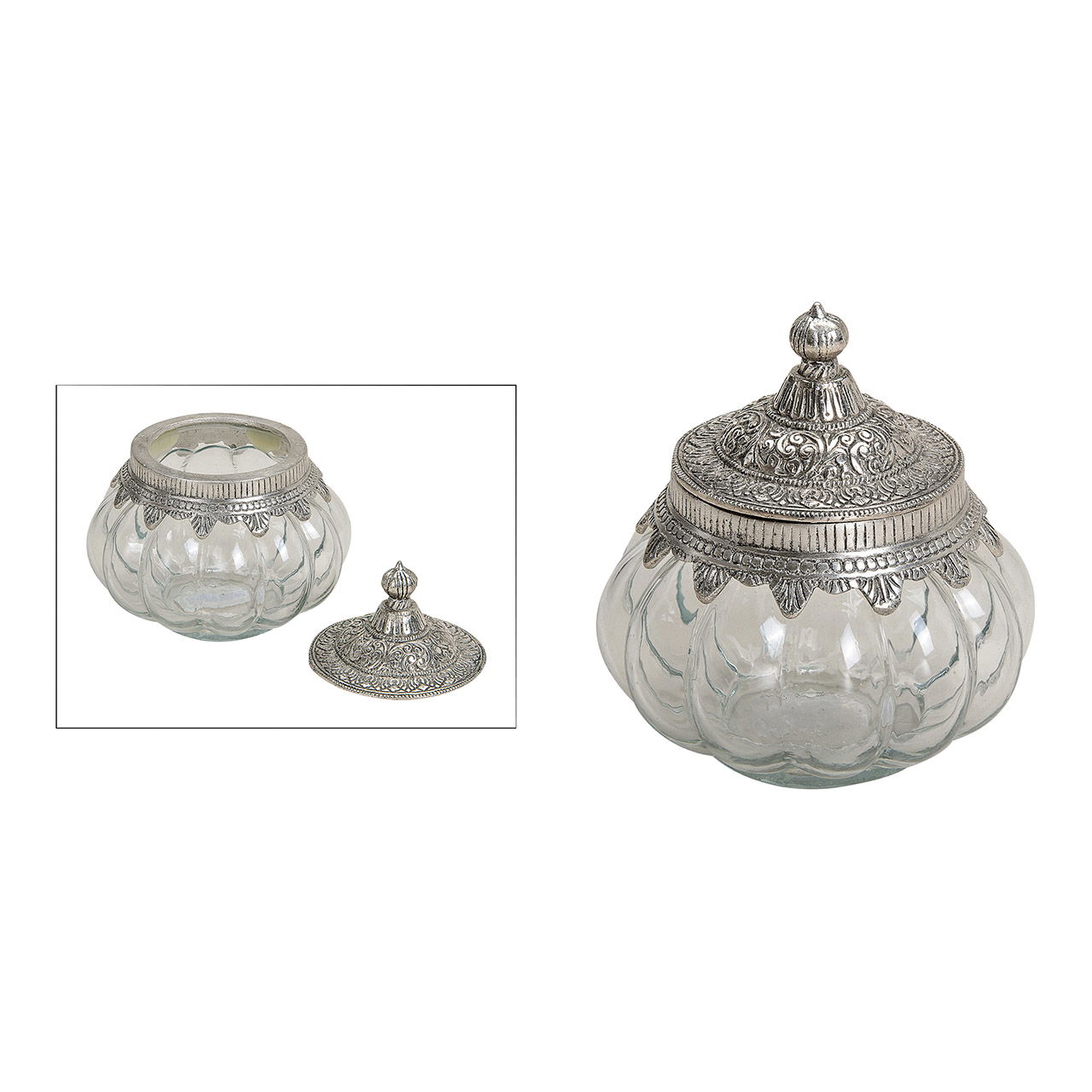 Boîte en verre avec couvercle en métal (L/H/P) 14x14x14cm Ø14cm Boîte en verre avec couvercle en métal (L/H/P) 14x14x14cm Ø14cm