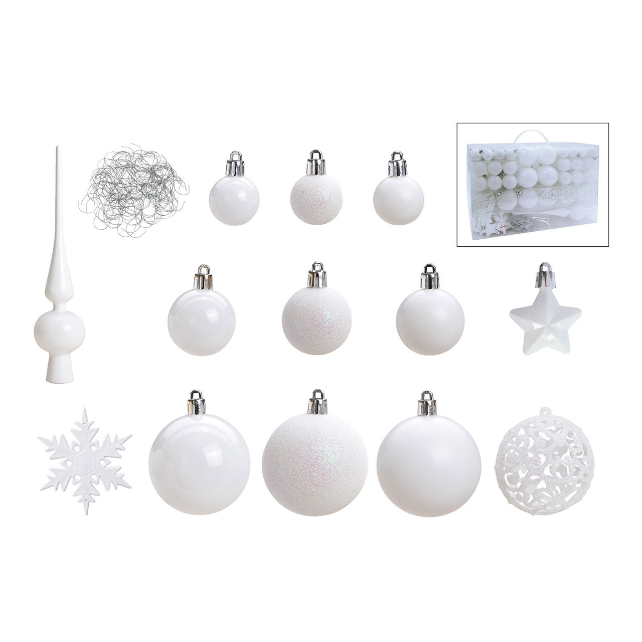 Weihnachtskugeln aus Kunststoff, 111er-Set, Weiß Ø3/4/6cm (B/H/T) 36x23x12cm