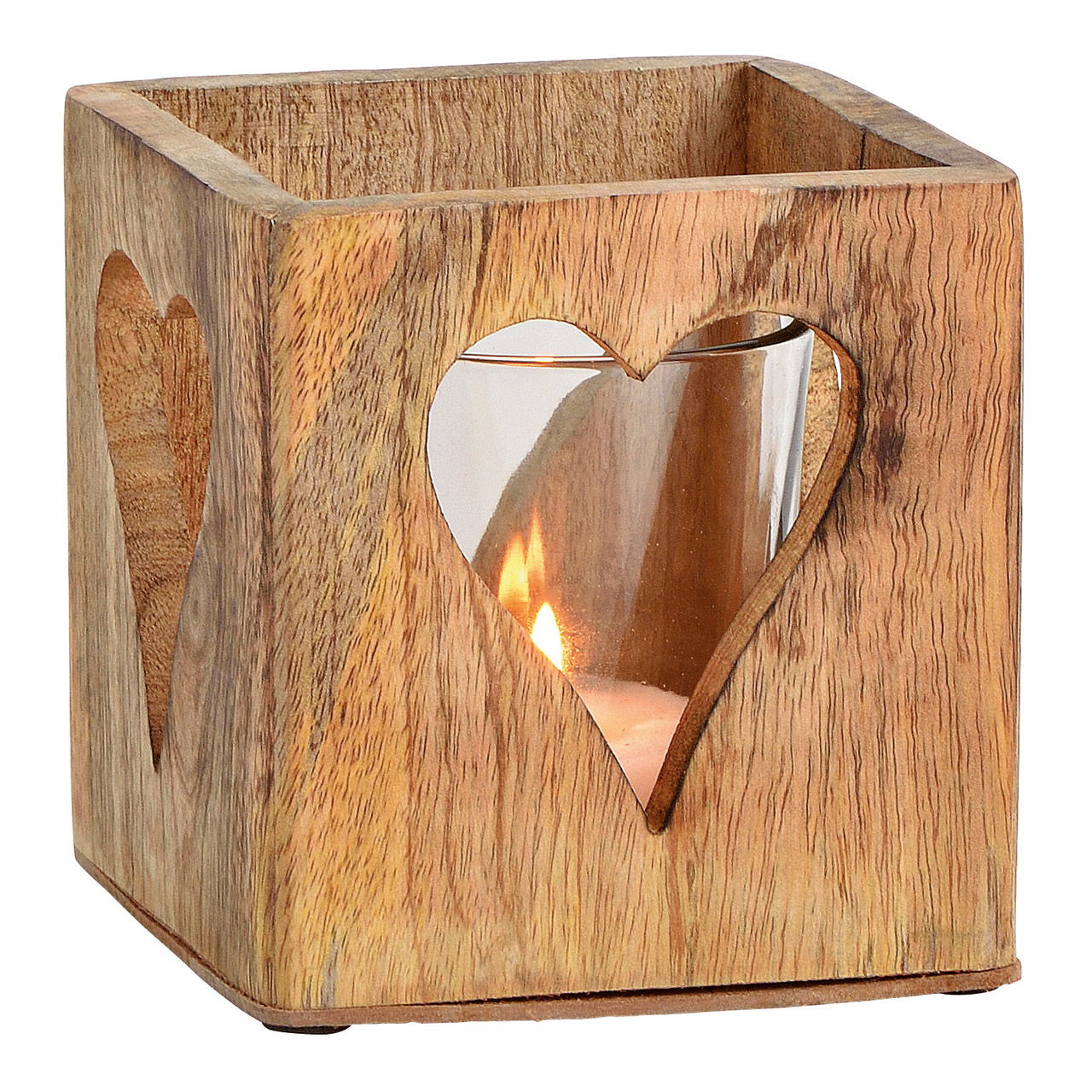 Windlicht Herz Dekor aus Mangoholz, Glas Braun (B/H/T) 12x12x12cm