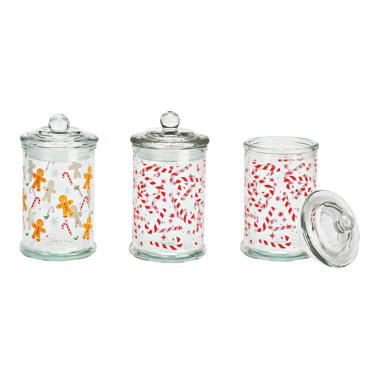 Storage jar gingerbread figures, candy cane motif made of glass transparent 2-fold, (W/H/D) 8x15x8cm 300ml