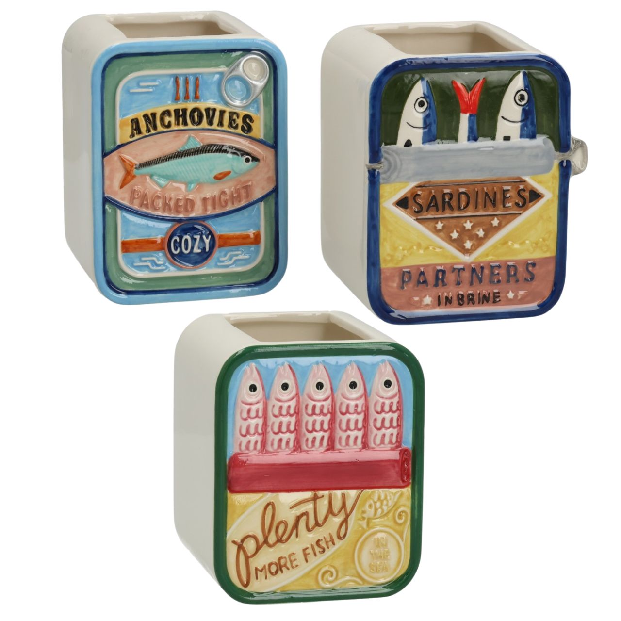 Vaso in ceramica a forma di scatole di sardine, colorato, assortimento di 3 pezzi (L/A/P) 8x11x8 cm catch-all tin, sardines tin, fish motif, retro tin, decorative tin