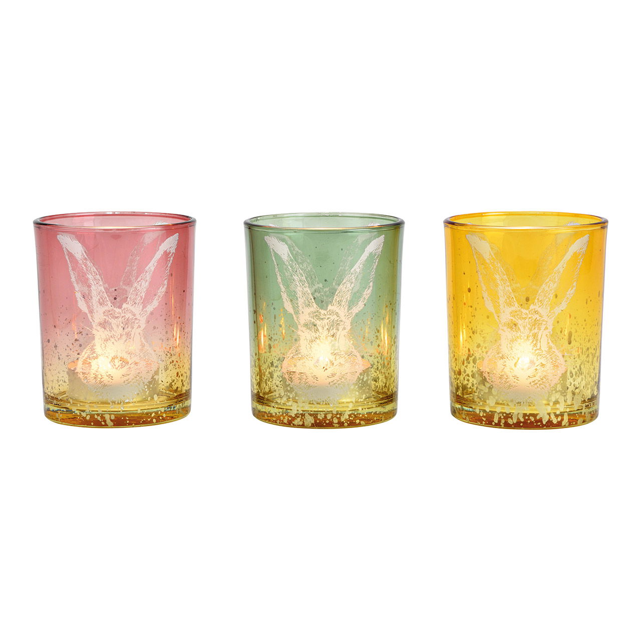 Windlicht Hase Dekor aus Glas Bunt 3-fach, (B/H/T) 10x13x10cm