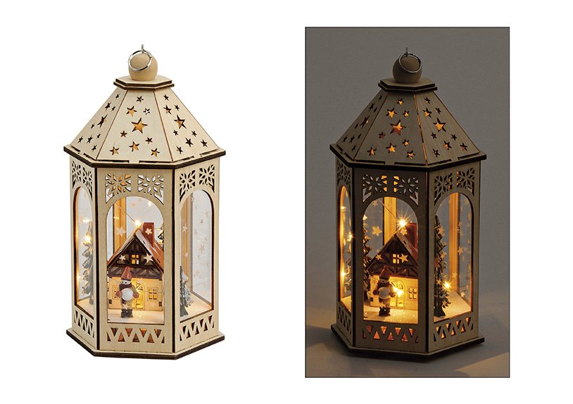 Wintertafereel lantaarn met verlichting van hout, 16x30x16cm